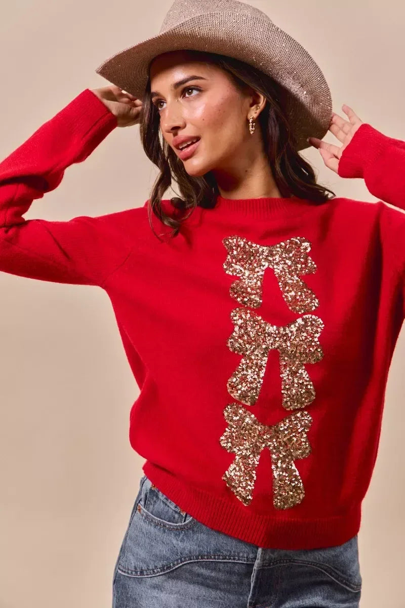 SO ME Sequins Bow Ribbon Embellished Christmas Sweater - DAVERRI FASHIONS