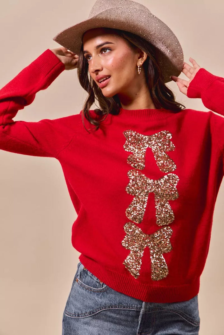 SO ME Sequins Bow Ribbon Embellished Christmas Sweater | Daverri Fashions
