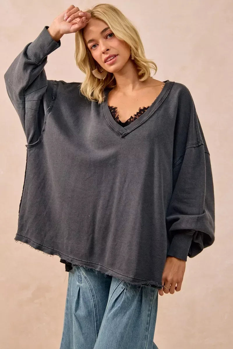 BiBi Mineral Washed French Terry Oversized Sweatshirt - DAVERRI FASHIONS