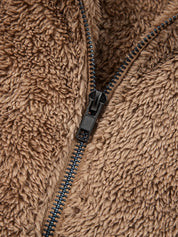 Brown fuzzy zip-up hoodie from 2pcs outfit with drawstring shorts