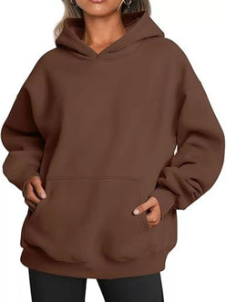 Brown kangaroo pocket long sleeve hoodie in cozy oversized fabric