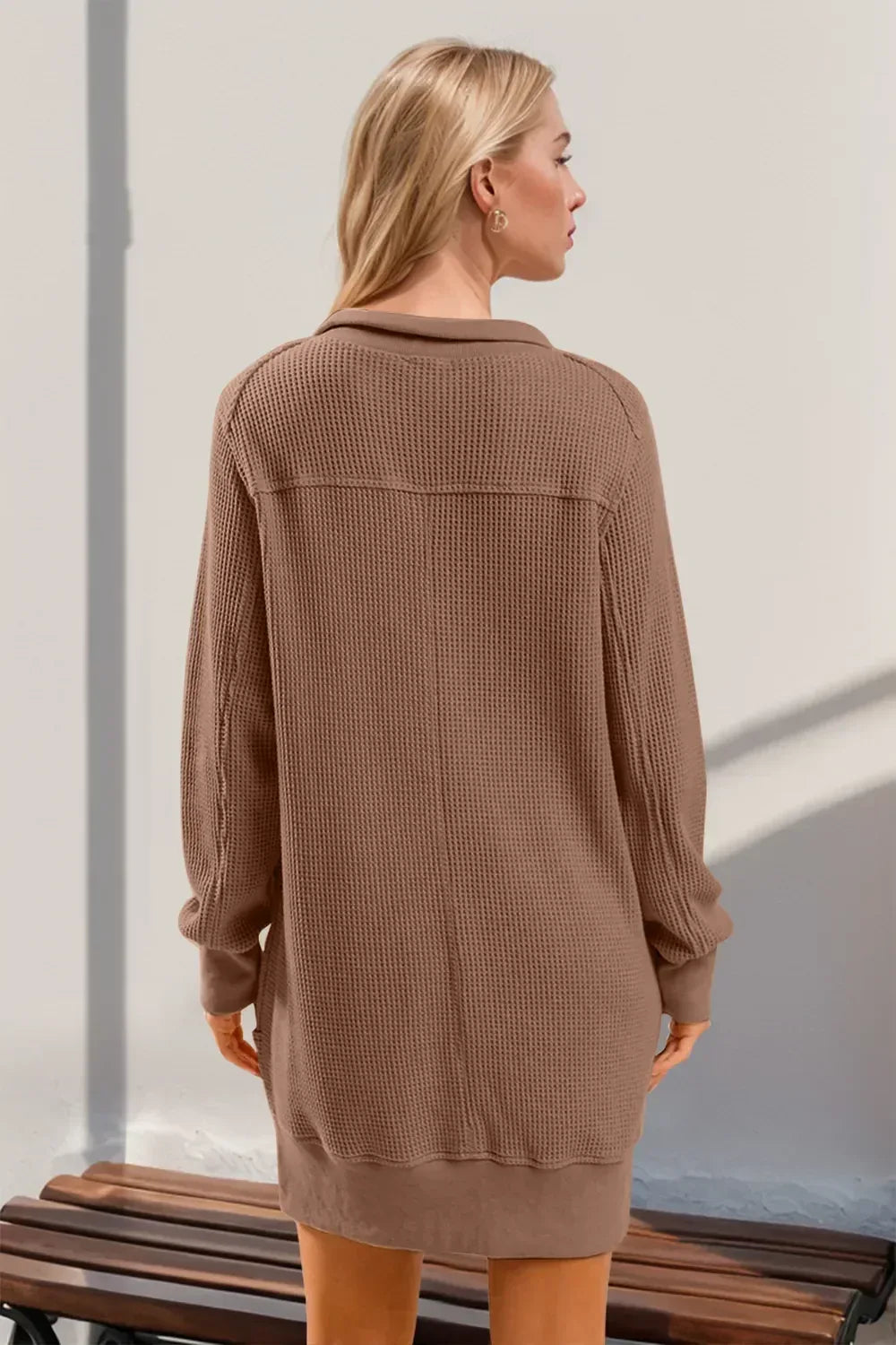 Double Take Waffle Long Sleeve Mini Dress with Pockets - DAVERRI FASHIONS