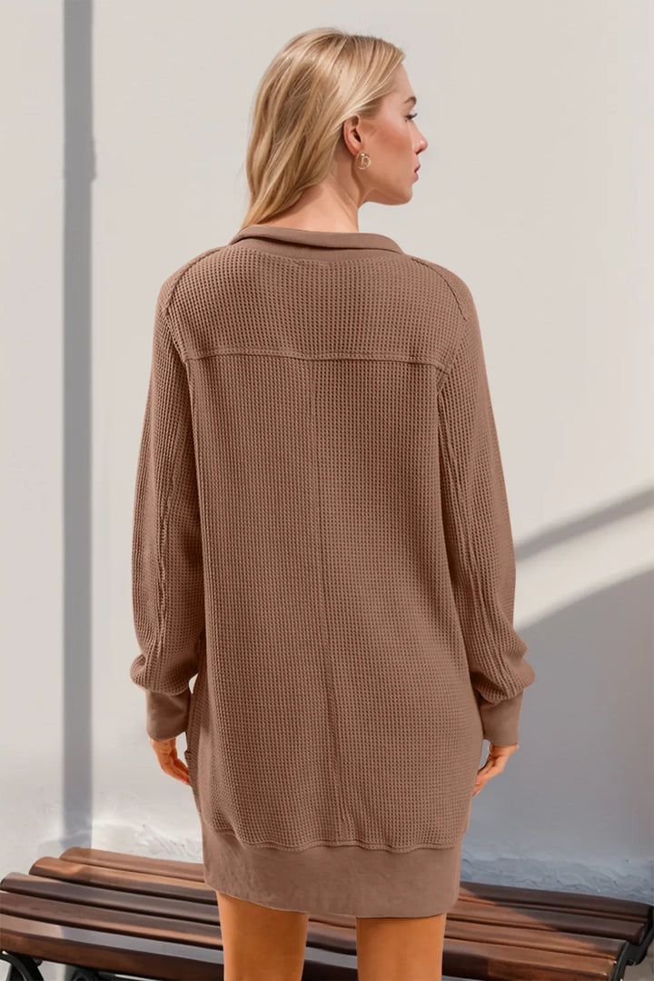 Double Take Waffle Long Sleeve Mini Dress with Pockets | Mini Dresses Daverri Fashions
