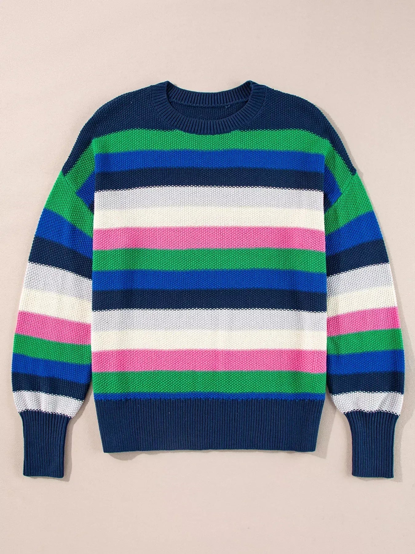 Rainbow Striped Crew Neck Drop Shoulder Sweater - DAVERRI FASHIONS
