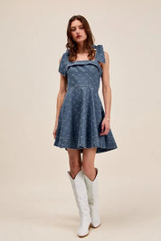 DENIM SO ME A Line Fit and Flare Diamond Bow Ribbon Denim Dres | Mini Dresses Daverri Fashions