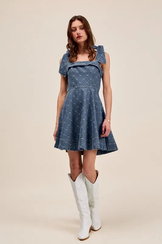 DENIM SO ME A Line Fit and Flare Diamond Bow Ribbon Denim Dres | Mini Dresses Daverri Fashions