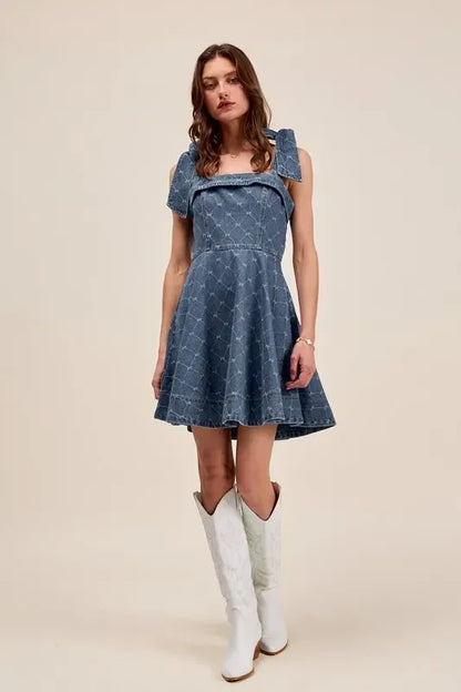 SO ME A Line Fit and Flare Diamond Bow Ribbon Denim Dres - DAVERRI FASHIONS