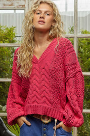 POL Cable-Knit Solid V-Neck Cropped Sweater | Sweaters Daverri Fashions