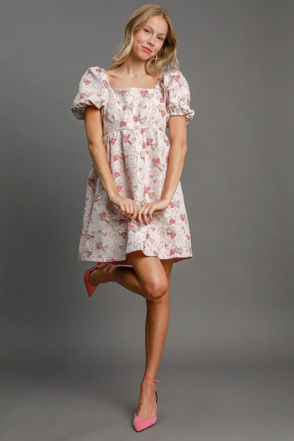 Umgee Heart Jacquard Square Neck Puff Sleeve Mini Dress Pink