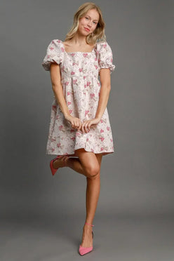 Umgee Heart Jacquard Square Neck Puff Sleeve Mini Dress Pink - DAVERRI FASHIONS