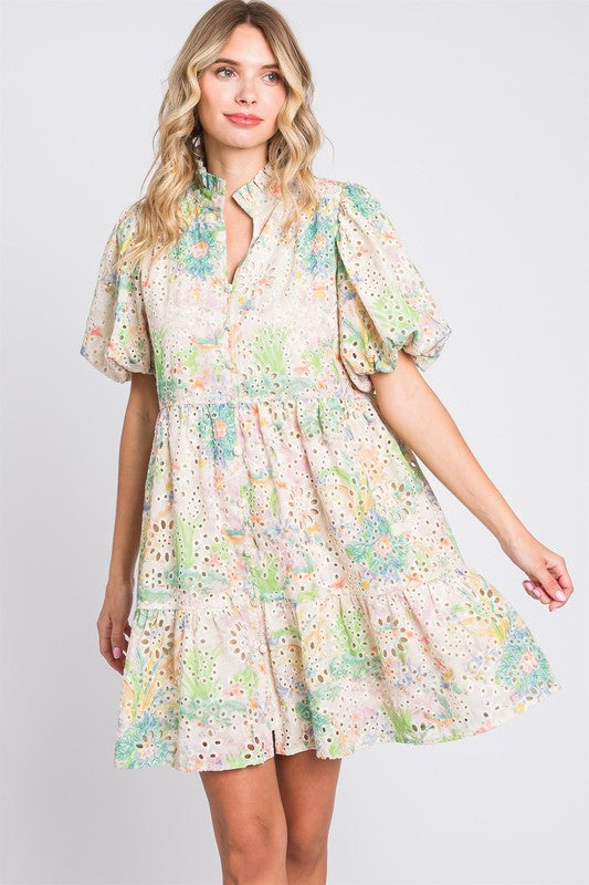 GeeGee Floral Eyelet Lace Puff Sleeve Mini Dress Green multicolor Mini Dresses