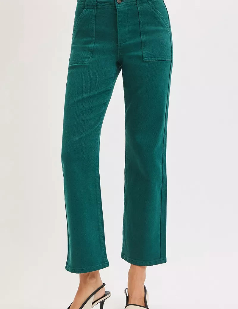 RISEN High Rise Ankle Flare Patch Pocket Jeans | Daverri Fashions