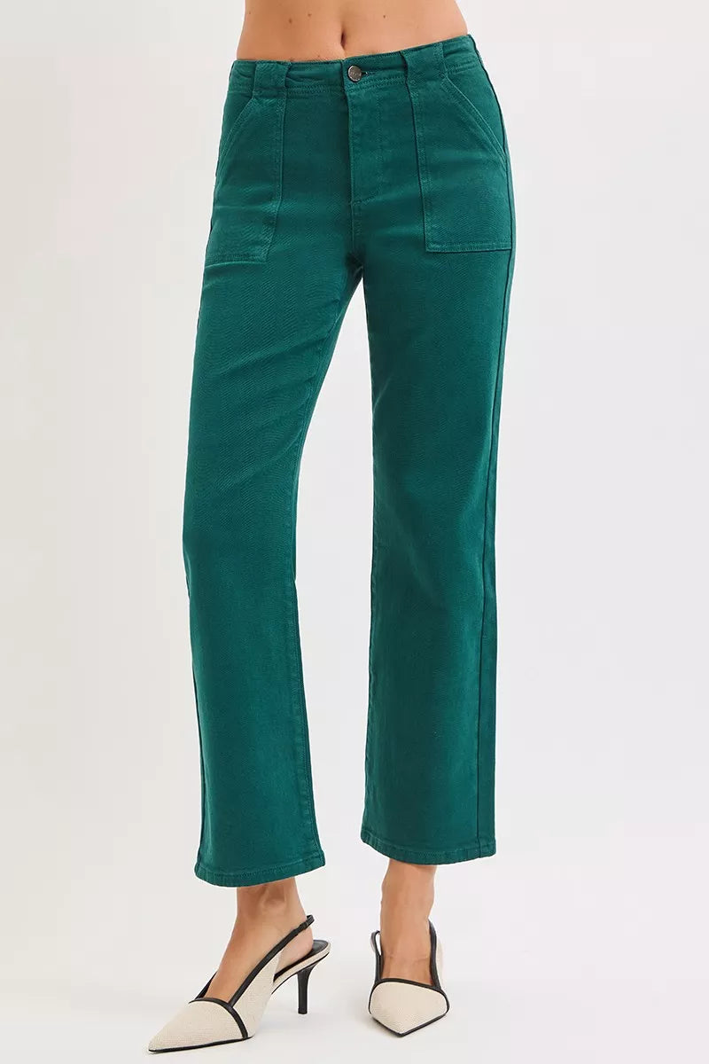 RISEN High Rise Ankle Flare Patch Pocket Jeans | Daverri Fashions