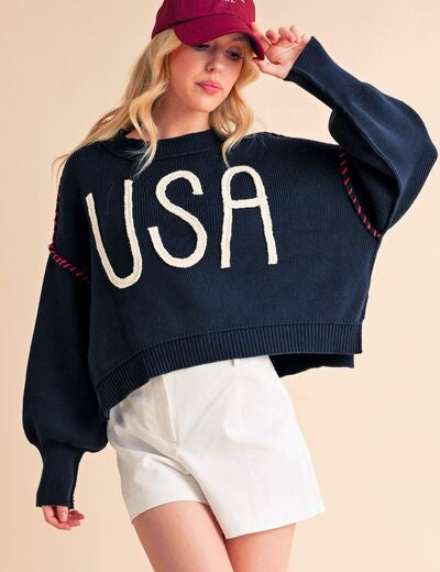 Aemi + Co USA Side Slit Round Neck Sweater Navy Sweaters