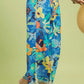 Umgee blue floral print wide-leg pants with frayed hem and pockets