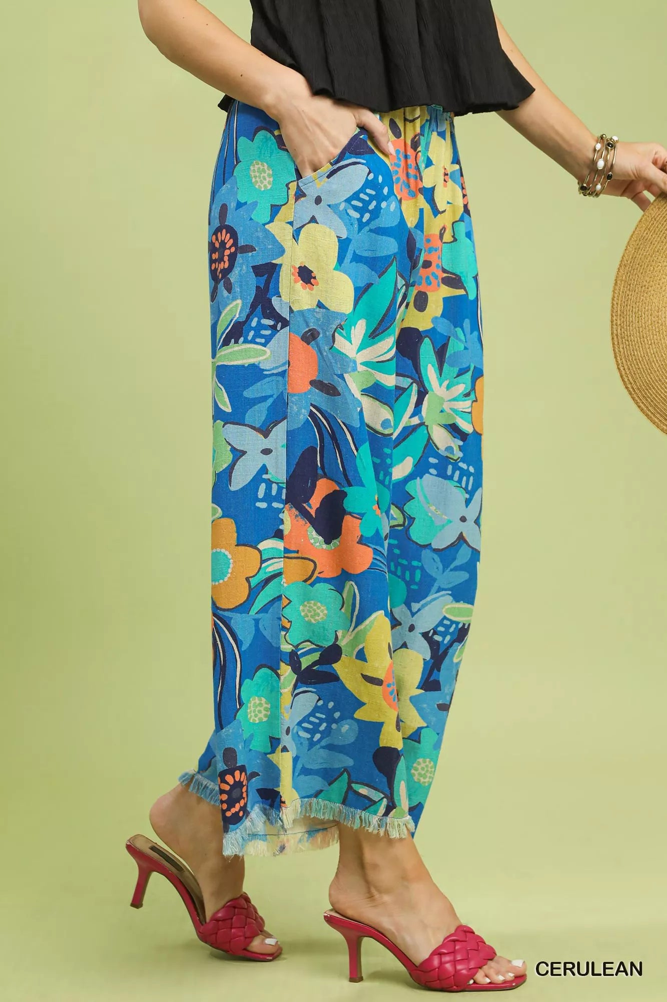 Umgee blue floral print wide-leg pants with frayed hem and pockets