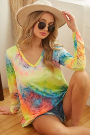 BiBi Tie Dye Long Sleeve V-Neck T-Shirt | T-Shirts Daverri Fashions