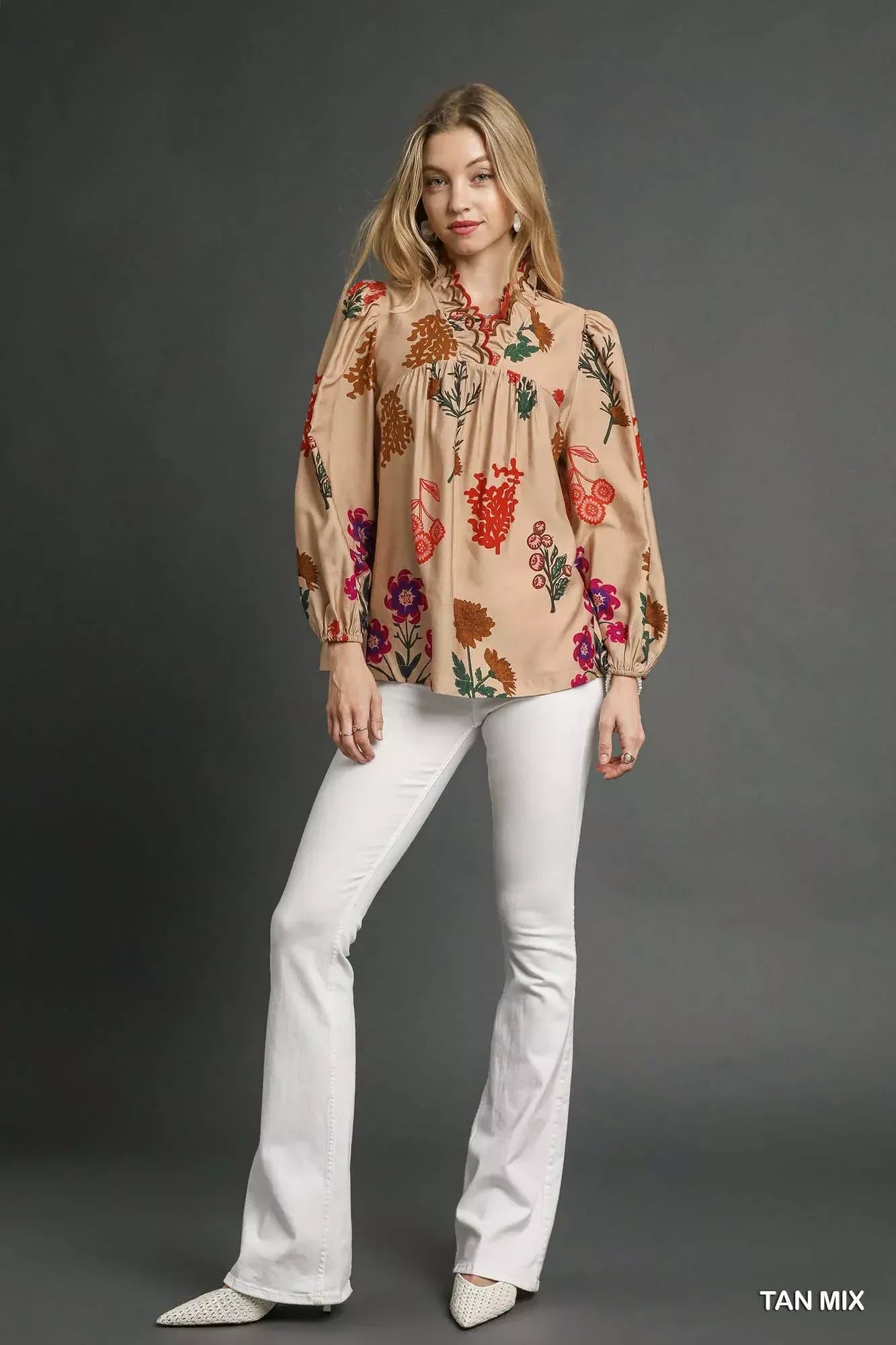Umgee Flower Print Blouse with Scalloped Neckline - DAVERRI FASHIONS