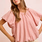 BiBi Stripes soft pink textured shirred neckline blouse with ruffles