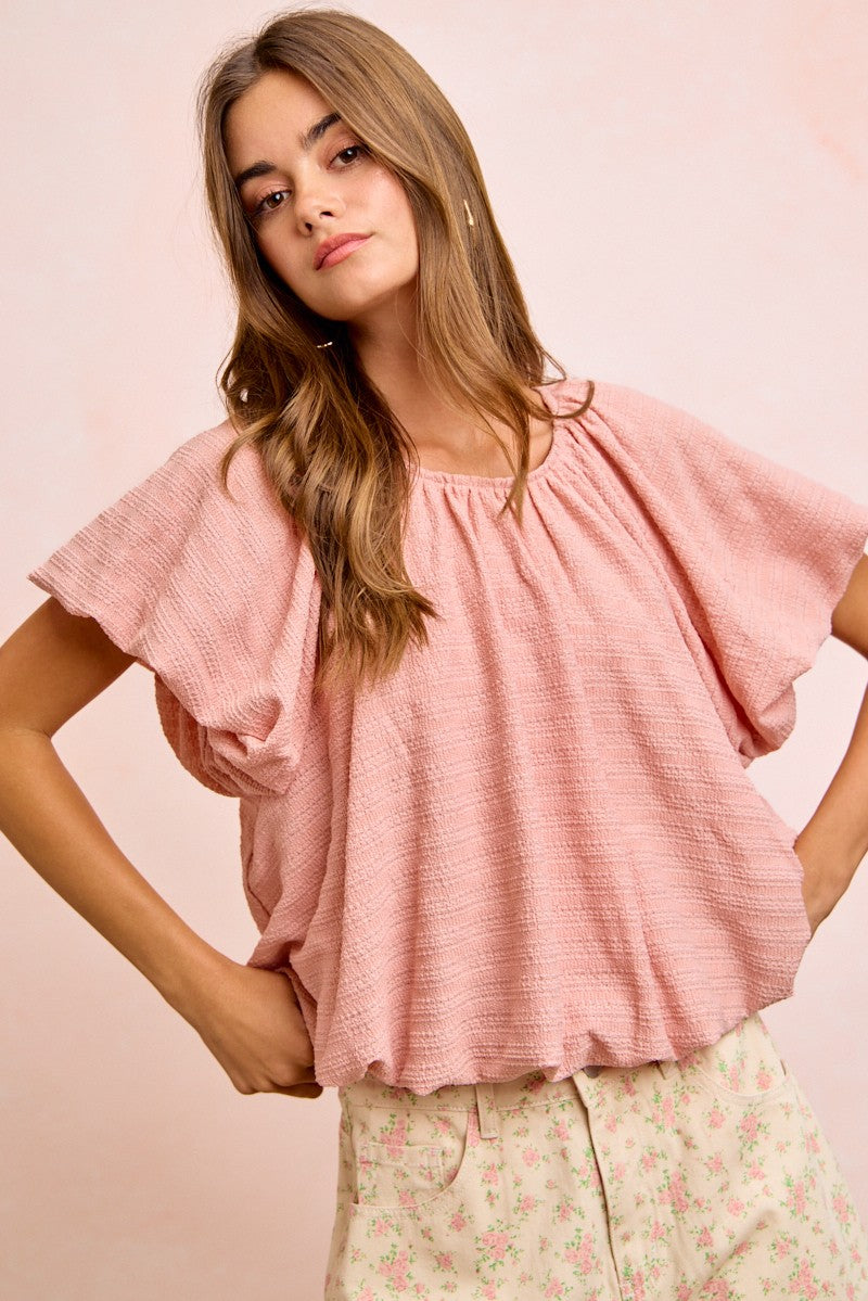 BiBi Stripes soft pink textured shirred neckline blouse with ruffles