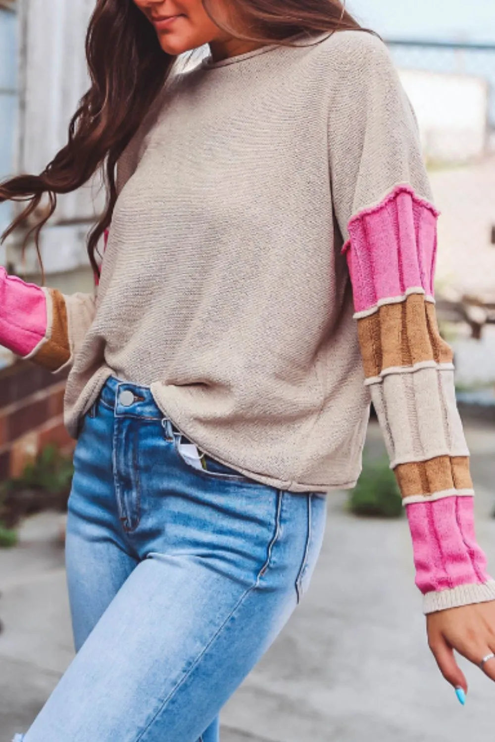 Color Block Round Neck Long Sleeve Sweater | Sweaters Daverri Fashions
