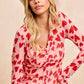 Pink long-sleeved BiBi heart printed mesh button-down shirt with ruched front
