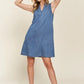 ADORA notched sleeveless denim dress in medium blue wash with pockets