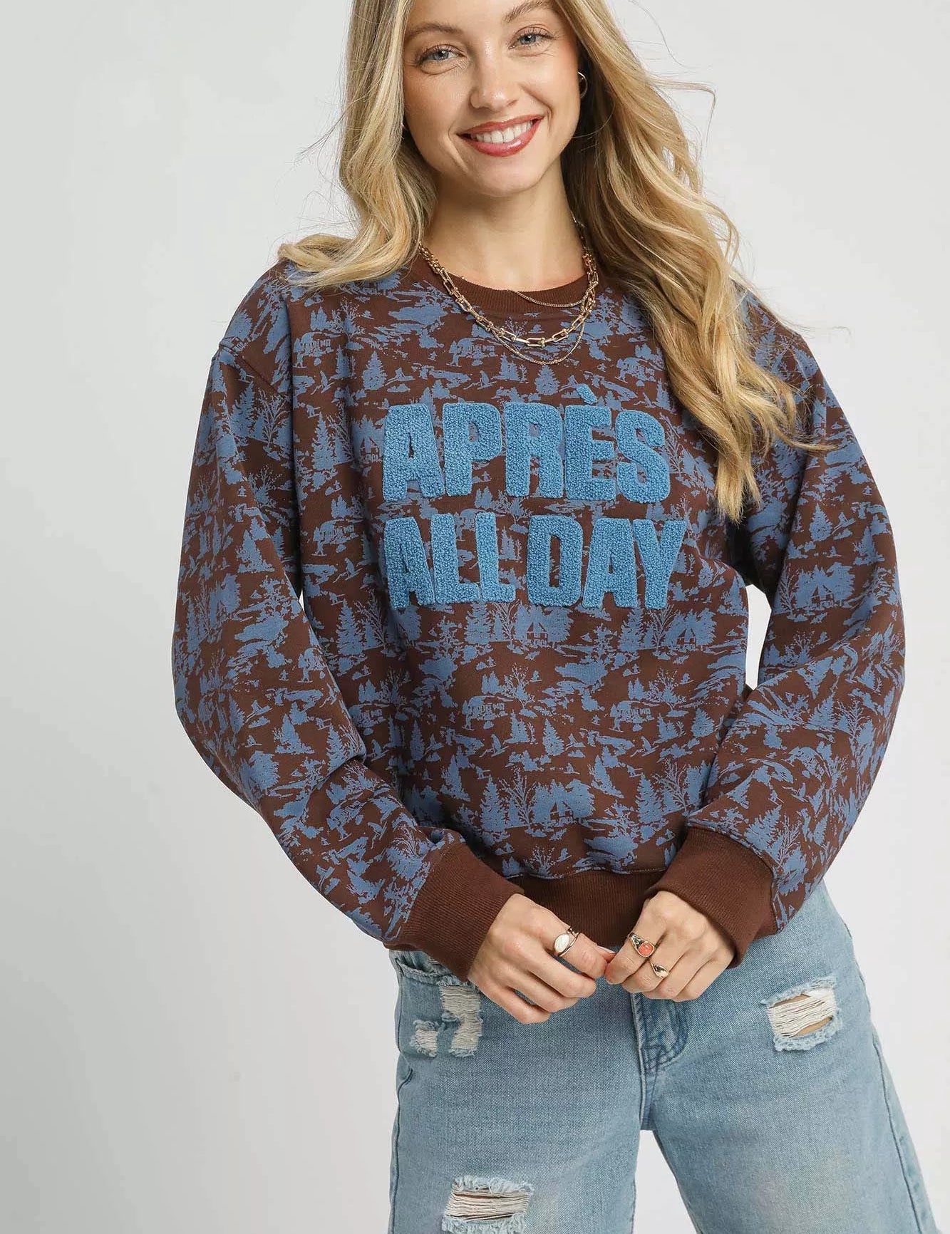 Chocolate Umgee Scenic Print Cropped Sweatshirt Chocolate | Sweatshirts Daverri Fashions