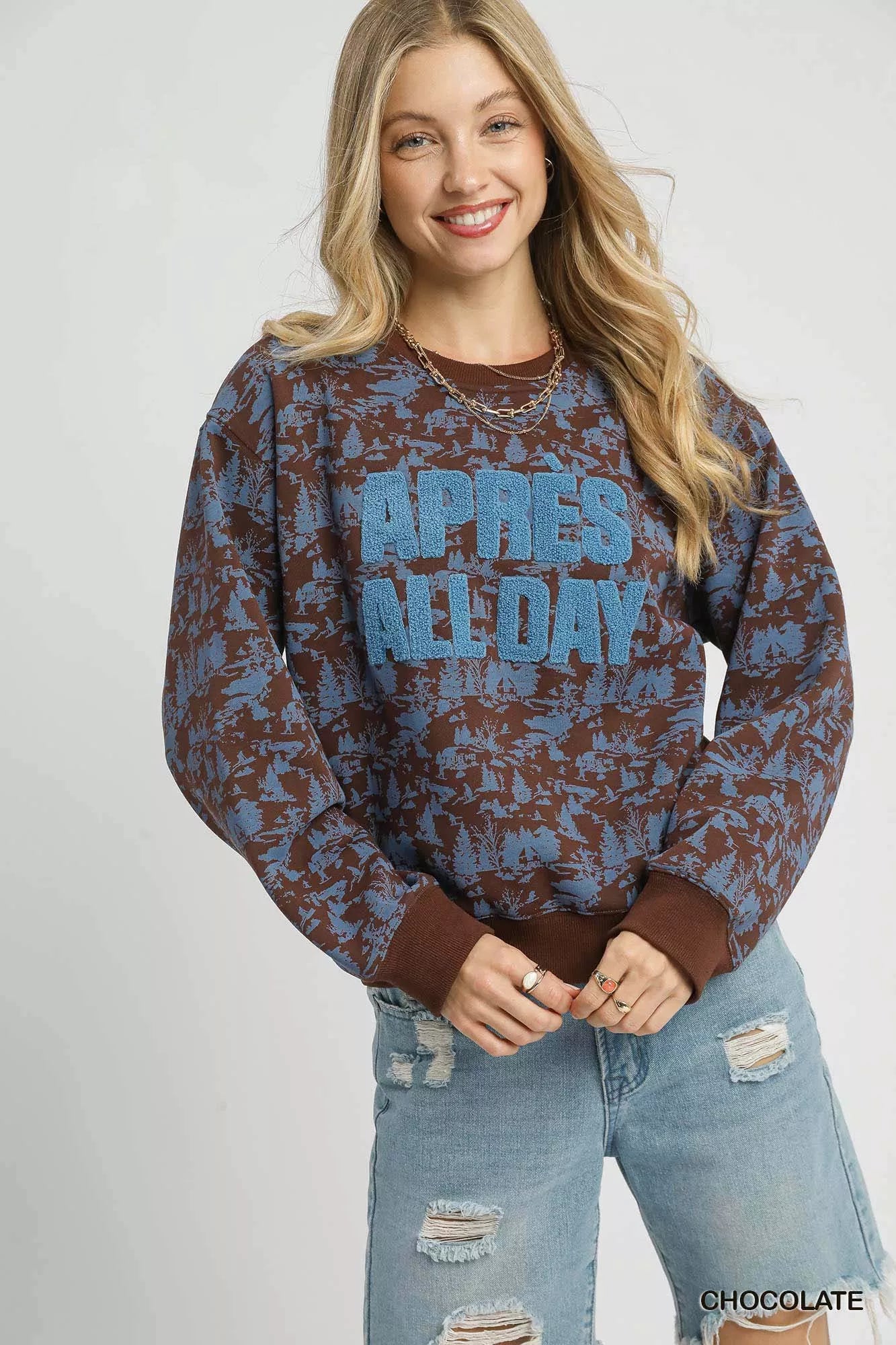 Chocolate Umgee Scenic Print Cropped Sweatshirt Chocolate | Sweatshirts Daverri Fashions