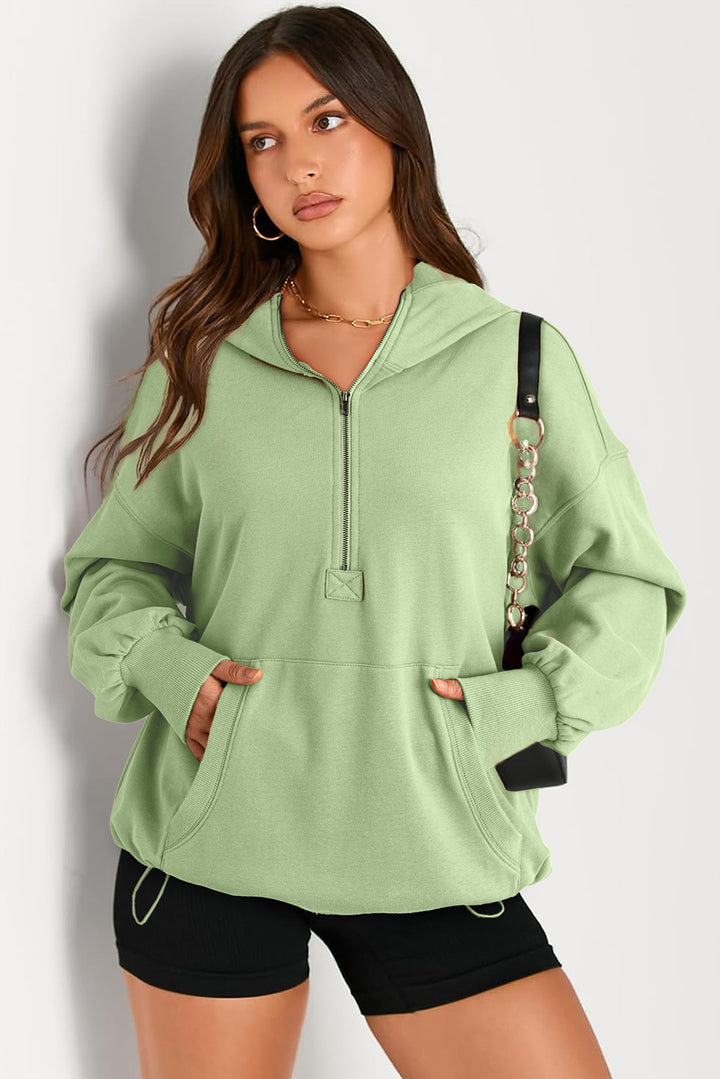 Pocketed Half Zip Long Sleeve Hoodie Light Green Tops