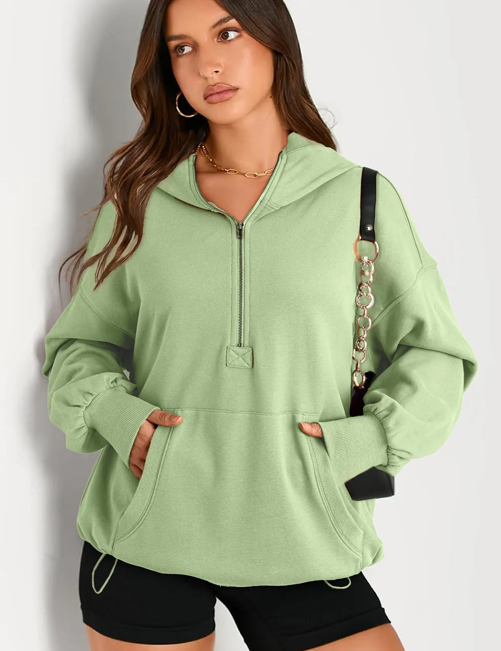 Light Green Pocketed Half Zip Long Sleeve Hoodie | Hoodies Daverri Fashions