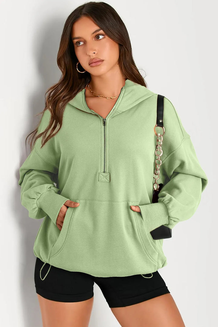 Light Green Pocketed Half Zip Long Sleeve Hoodie | Hoodies Daverri Fashions