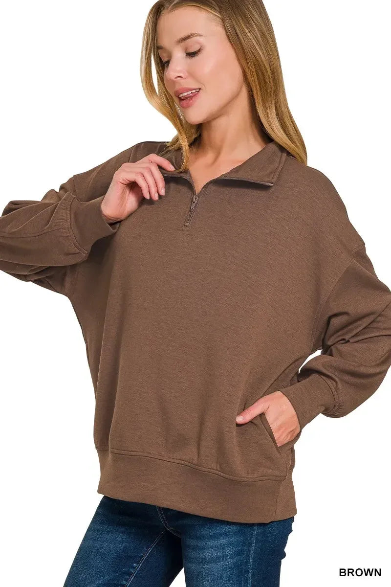 Zenana Scuba Quarter-Zip Sweatshirt Brown - DAVERRI FASHIONS
