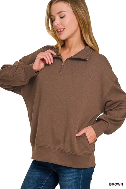 Zenana Scuba Quarter-Zip Sweatshirt Brown - DAVERRI FASHIONS