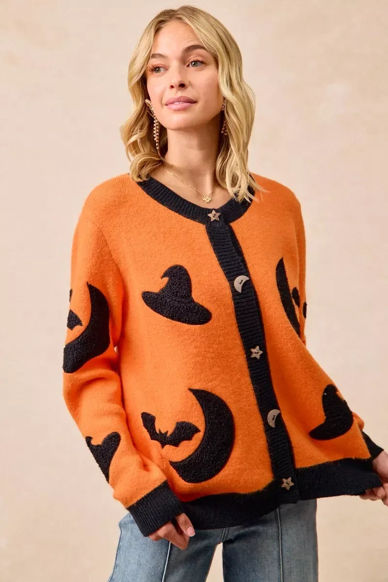 BiBi Halloween Witch Hat Moon Bat Artwork Cardigan - DAVERRI FASHIONS