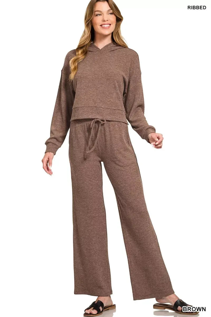 Ribbed Drawstring Lounge Pants Brown - DAVERRI FASHIONS