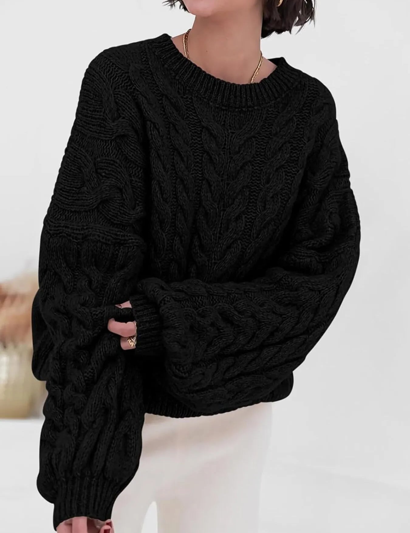 Black Cable Knit Long Sleeve Sweater | Sweaters Daverri Fashions