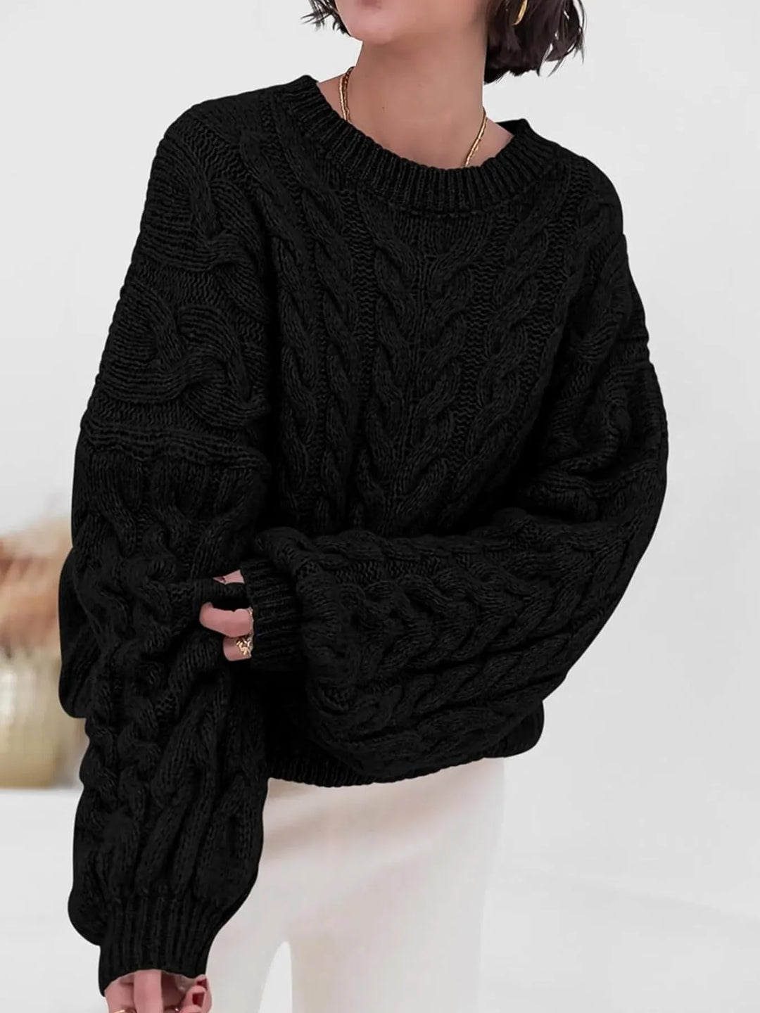 Black Cable Knit Long Sleeve Sweater | Sweaters Daverri Fashions