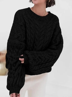 Cable Knit Long Sleeve Sweater - DAVERRI FASHIONS