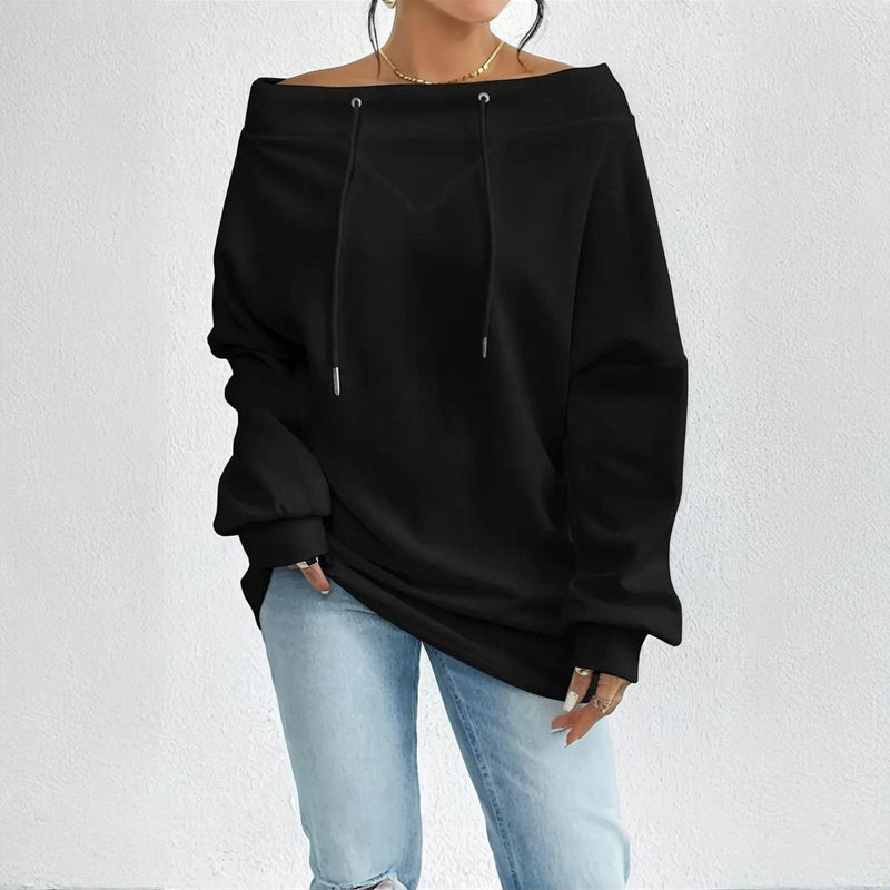 Black Boatneck Off-Shoulder Long Sleeve Top Plus Size | Tops Daverri Fashions