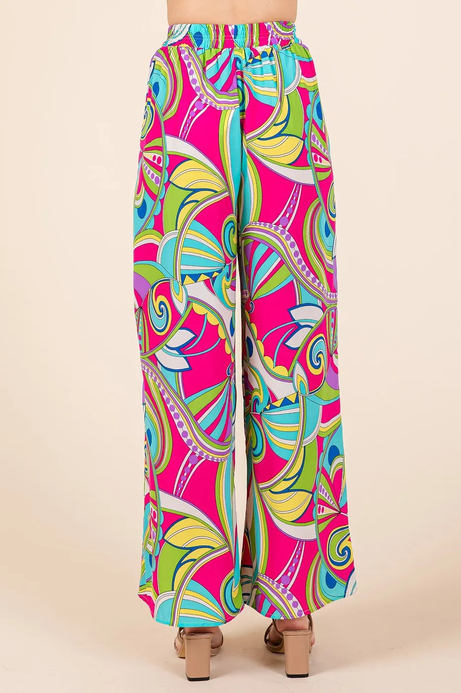 Mittoshop abstract print elastic waist wide leg pants in vibrant pink, green, turquoise paisley pattern