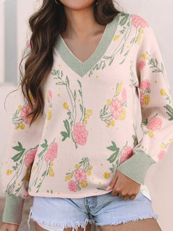 Floral Pattern Striped V Neck Loose Sweater - DAVERRI FASHIONS