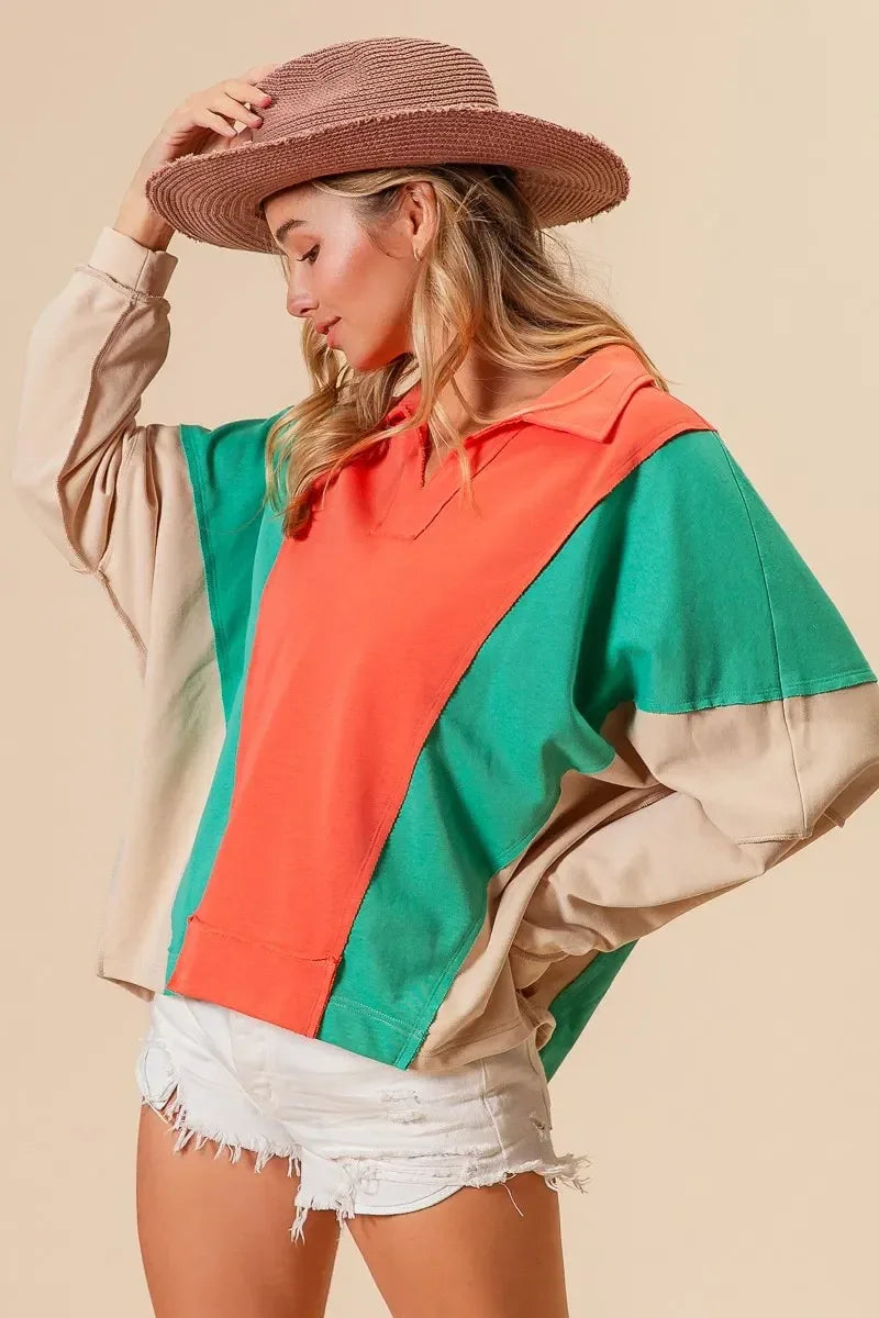 BiBi Colorblock Exposed Seam French Terry Sweatshirt - DAVERRI FASHIONS