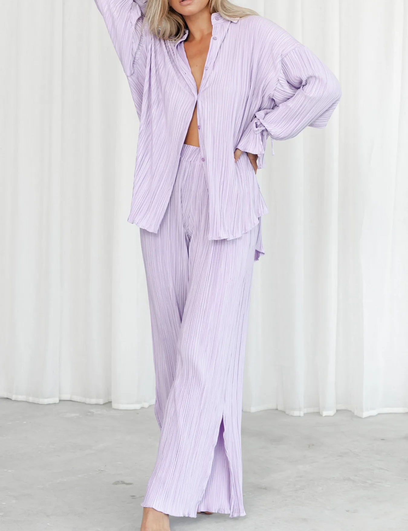 Purple Button Up Long Sleeve Top and Pants Set | Outfit Sets Daverri Fashions
