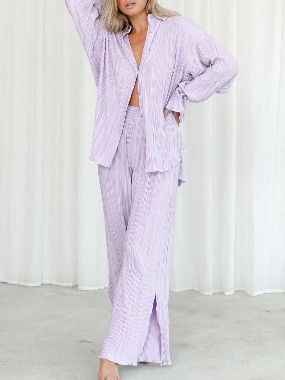 Purple Button Up Long Sleeve Top and Pants Set | Outfit Sets Daverri Fashions