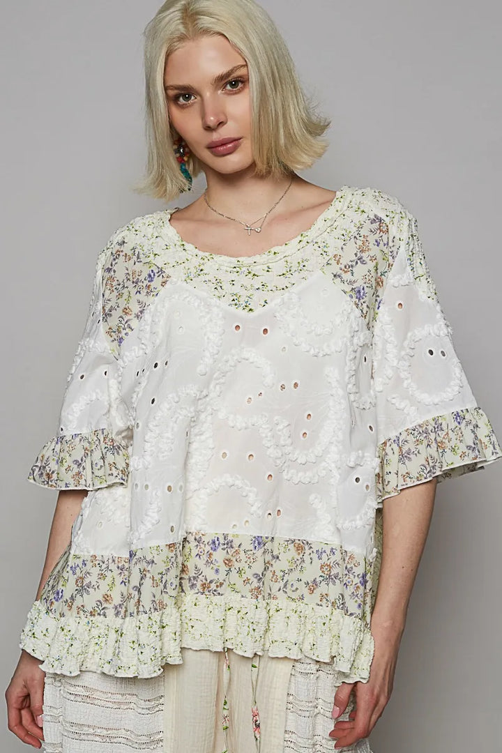 POL Floral Print Eyelet Ruffled Hem Blouse White Blouses