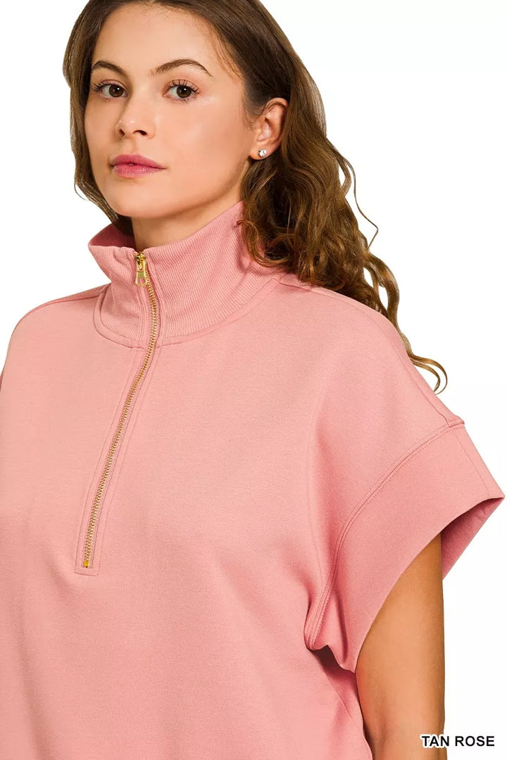 Zenana Full Size Scuba High Neck Half Zip Short Sleeve Top Plus Size | Tops Daverri Fashions