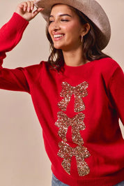 SO ME Sequins Bow Ribbon Embellished Christmas Sweater | Daverri Fashions