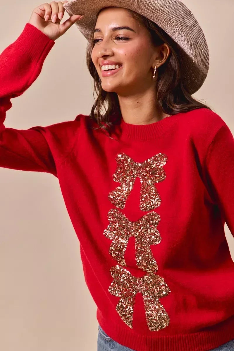 SO ME Sequins Bow Ribbon Embellished Christmas Sweater - DAVERRI FASHIONS