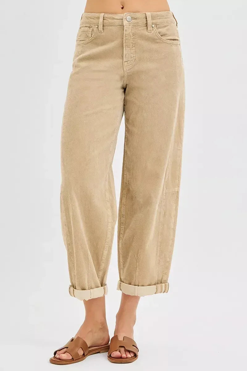 RISEN High Rise Crop Barrel Cordurory Pants - DAVERRI FASHIONS